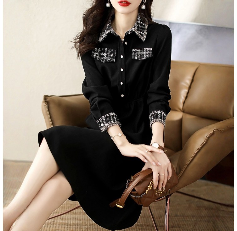 POMTOR 여성 봄 가을  패치워크 체크 긴팔 카라 패션 원피스 하객원피스 피로연원피스