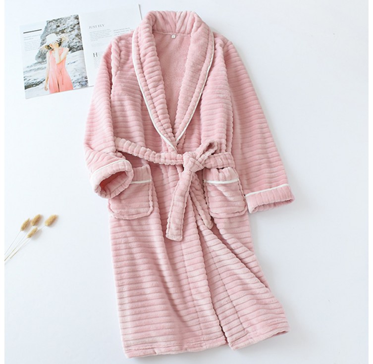 비텐 프리미엄극세사 샤워가운 나이트가운 목욕가운 커플잠옷, 1개, 스트라이프  핑크L여성용