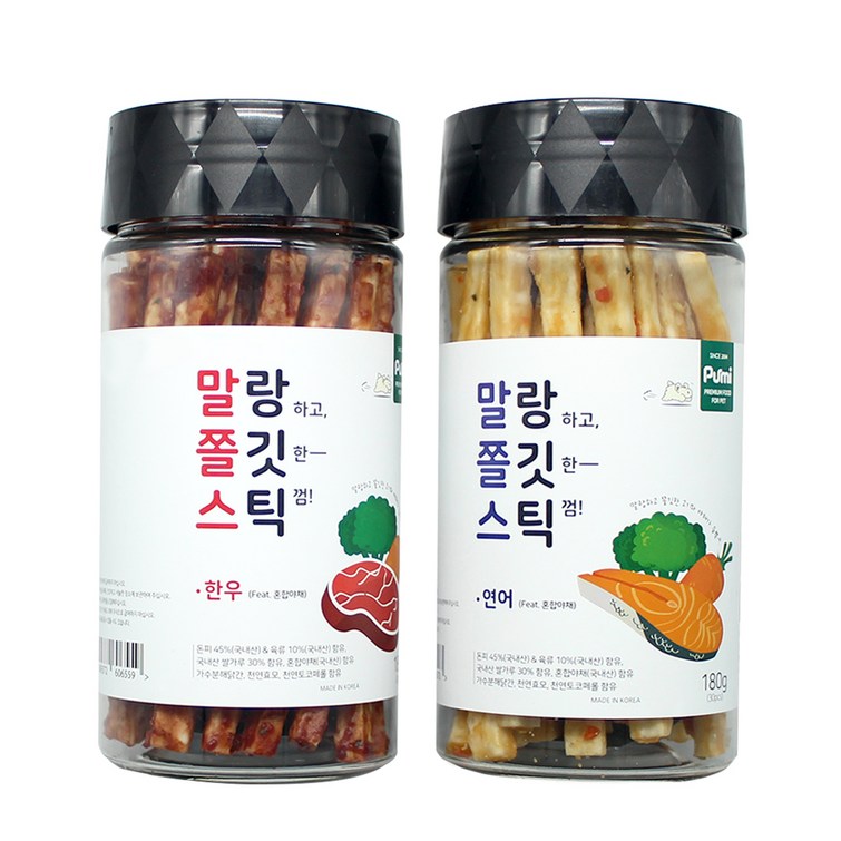 푸르미 강아지 말랑하고 쫄깃한 스틱 껌, 혼합맛한우혼합야채, 혼합맛연어혼합야채, 180g, 2개