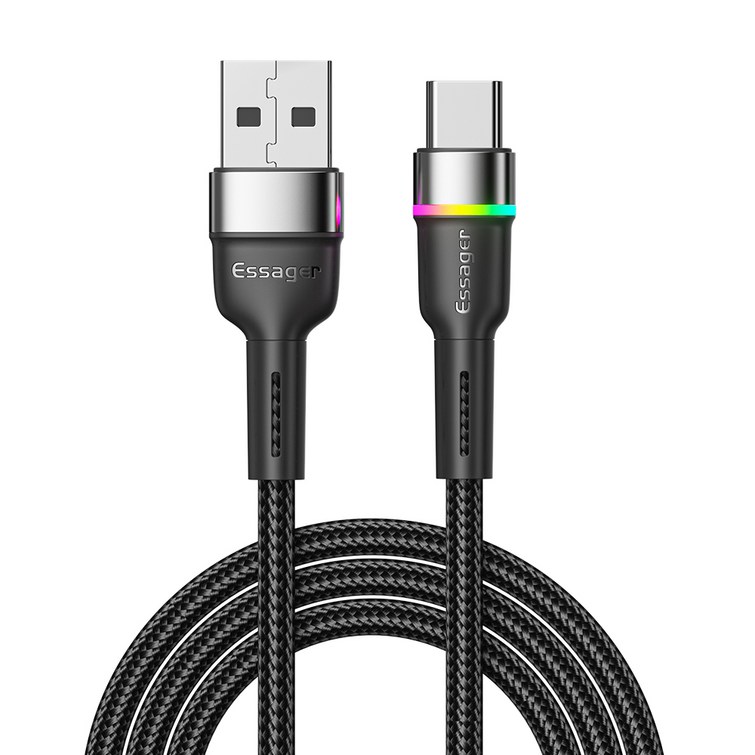 Essager USB C 케이블 3A 급속 충전 케이블LED, 1, 2m, 블랙 Essager USB C 케이블 3A 급속 충전 케이블LED, 1, 2m, 블랙