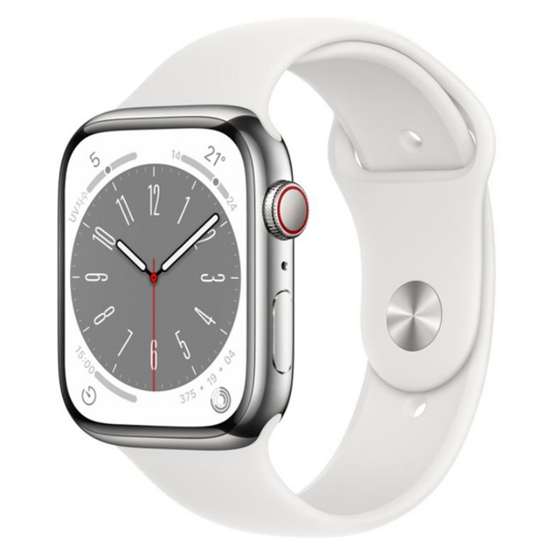 Apple 애플워치 8 GPS+Cellular, 45mm, 스테인리스 스틸, 실버 / 화이트 스포츠밴드 1