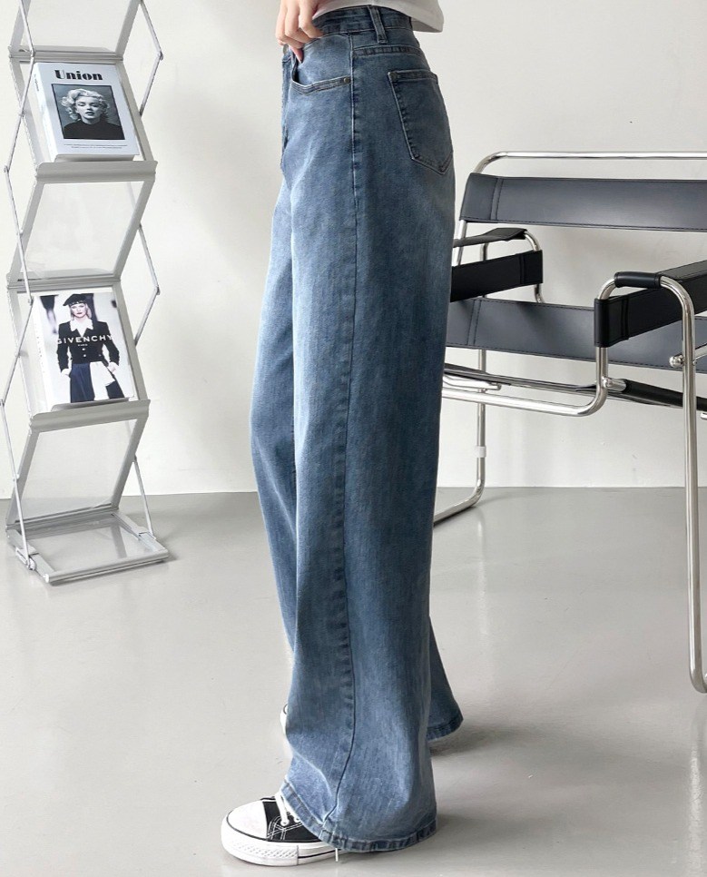잘빠진 여성용 팬시 스판 밴딩 와이드 데님 팬츠 - thumb image