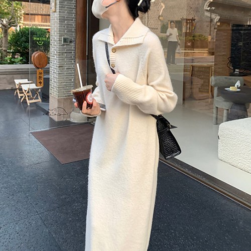 데일로엔 여성 포근한 카라넥 긴팔 롱 원피스 - thumb image