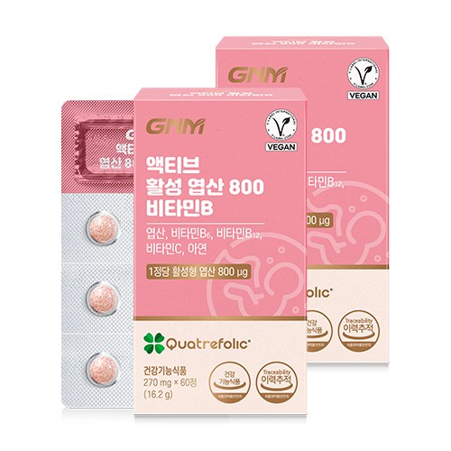 [1박스당 2개월분] GNM 액티브 활성 엽산 800 비타민B / 아연 비타민C 임산부, 60정, 2박스 - [